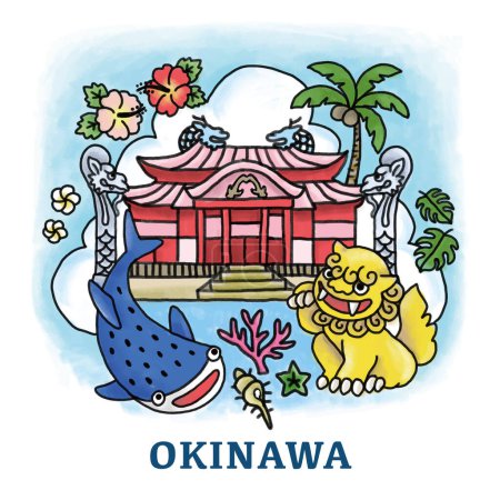 Ilustración dibujada a mano de Okinawa, Castillo de Shuri, Leones guardianes, tiburón ballena, coral, hibisco