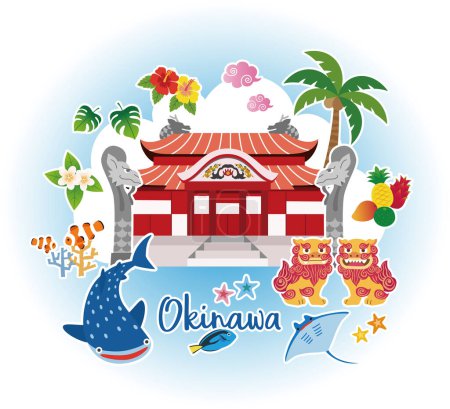 Illustration for Okinawa image illustration, Shuri Castle, Shisa, whale shark, coral, hibiscus, tropical fruits - Royalty Free Image