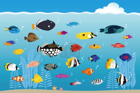 Ilustración de Coloridos peces tropicales nadando en el mar - Imagen libre de derechos
