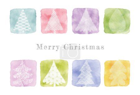 Téléchargez les photos : Carte de Noël élégante colorée avec aquarelle et motif japonais Arbres de Noël - en image libre de droit
