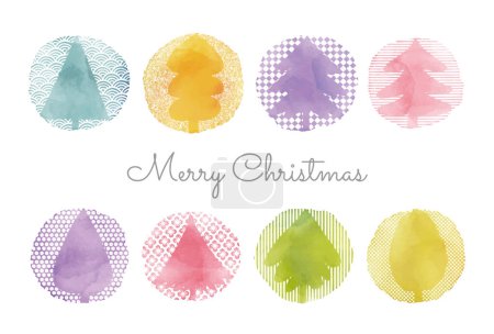 Téléchargez les photos : Carte de Noël élégante colorée avec aquarelle et motif japonais Arbres de Noël - en image libre de droit