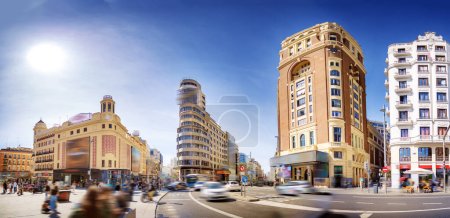 Panoramic view of the Callao square with business skyscrapers and big traffic. Concept of the tourism and famous places.