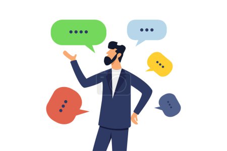 Homme d'affaires confiant parlant avec de multiples bulles d'expression. Capacité de communiquer verbalement ou oralement, de raconter ou d'expliquer des histoires, de parler ou de discuter, de transmettre un message ou de parler.