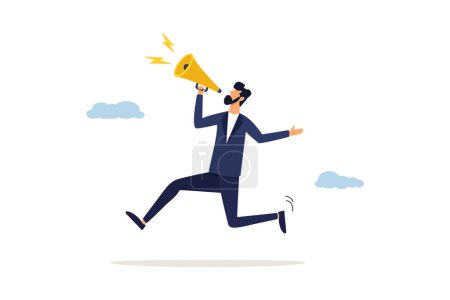 Businessman shouting into a megaphone. Convey a message, announce a vacancy for recruitment, shout about a promotion or communication with a company, or an important message concept.