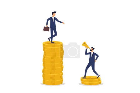 Poor and rich worker standing on a stack of his wealth coins. Income gap, income inequality under capitalism or career advancement to earn more income.
