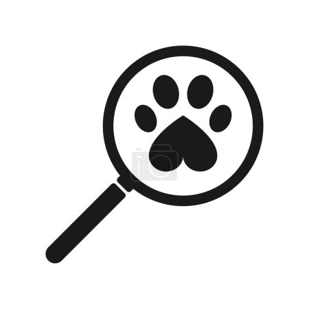 Magnifying glass icon with paw print. Illustration