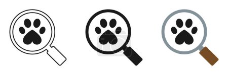 Set of magnifying glass icons with paw print. Illustration