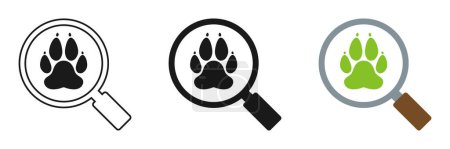 Set of magnifying glass icons with paw print. Illustration