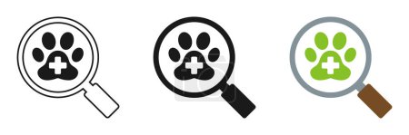 Set of magnifying glass icons with veterinary clinic. Illustration