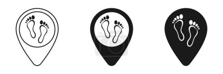 Conjunto de iconos pin con rastros de pies humanos. Ilustración