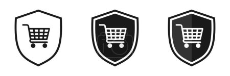 Shield icon set with shopping cart, illustration