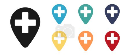 Medical cross, first aid concept vector icons set. Mark on the map. Illustration