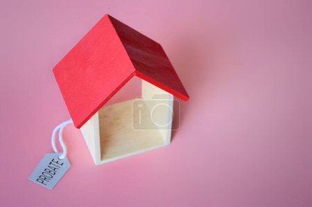 Haus und Tag PROBATE auf rosa Hintergrund mit Kopierraum für Text. Eigentums- und Rechtskonzept