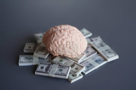 Foto de Imagen de primer plano del cerebro y el dinero. La mentalidad empresarial, invertir dinero en concepto de educación - Imagen libre de derechos