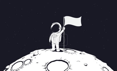 Astronaut holds a flag on planet.Space vector illustration