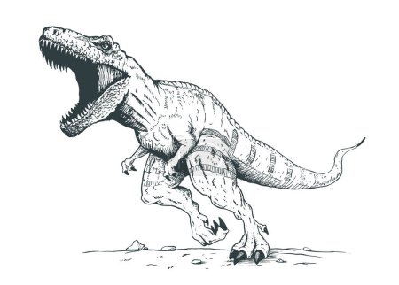 Illustration of angry running tyrannosaur. Handcrafted style