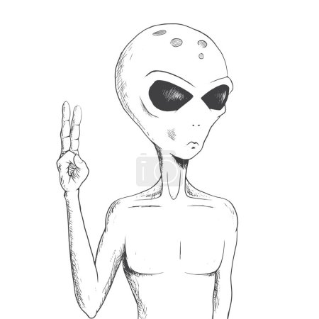 Téléchargez les illustrations : Alien montrant signe de paix. Style dessiné à la main - en licence libre de droit