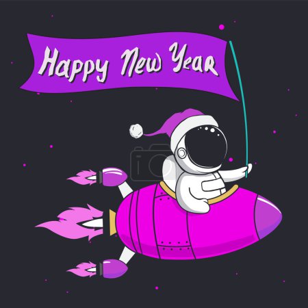 Ilustración de Astronauta celebra un nuevo año en el cohete en el espacio. Spaceman vuela en nave espacial cósmica - Imagen libre de derechos