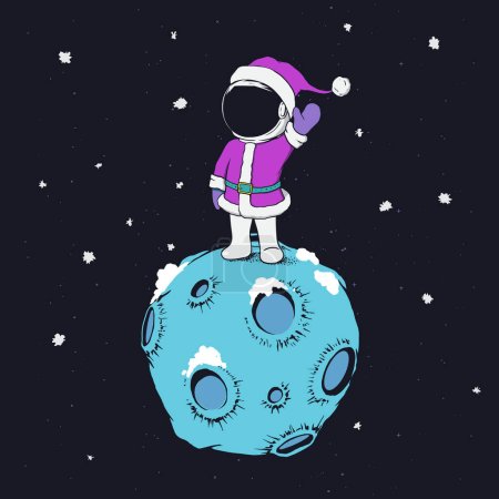 Téléchargez les illustrations : Astronaute célèbre le nouvel an 2023 et Noël dans l'espace. Homme de l'espace sur une planète glacée - en licence libre de droit