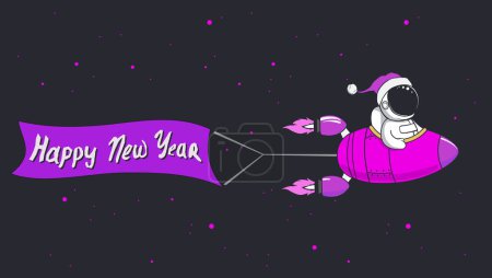 Illustration for Astronaut flies with new year banner flag on rocket - Royalty Free Image