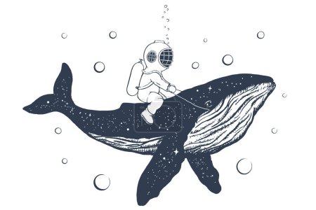 Buceador nada en la ballena en el mar. Estilo artesanal. Ilustración vectorial