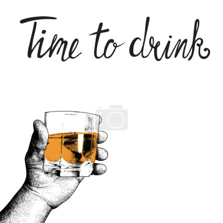 Illustration for Human hand raises a glass of alcoholic drink.Isolated on white background. Vector illustration made by dots in engraving style - Royalty Free Image