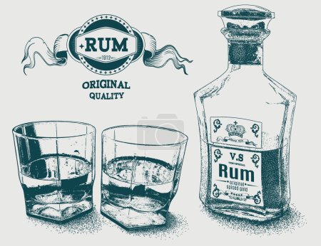 Dos vasos de alcohol, botella y logo de ron. Diseño para publicidad de bebidas alcohólicas fuertes. Ilustración vectorial