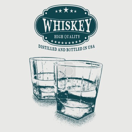 Skizzieren Sie das Whiskey-Logo und zwei Gläser Getränk. Handgezeichnete Vektorillustration. Werbung für starken Alkohol