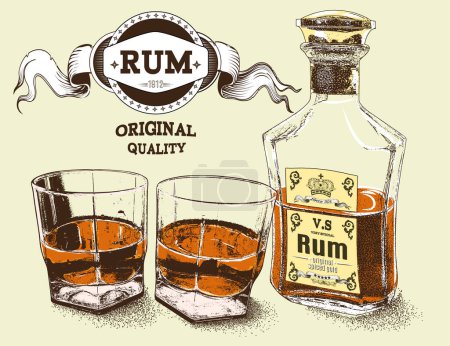 Two stemware of rum with bootle .Vector illustration