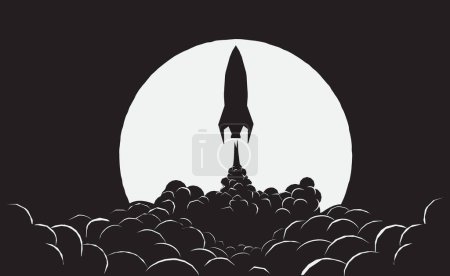 Téléchargez les illustrations : Lancement de fusée vers l'espace sur fond de lune.Décollage d'un vaisseau spatial depuis la Terre - en licence libre de droit