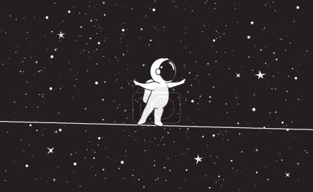 Téléchargez les illustrations : Mignon astronaute marche sur une corde étroite dans l'espace.Illustration vectorielle - en licence libre de droit