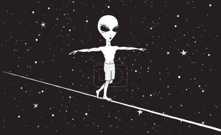 Téléchargez les illustrations : Mignon alien marche sur une corde serrée dans l'espace.Illustration vectorielle - en licence libre de droit