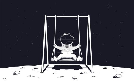 Téléchargez les illustrations : Mignon garçon astronaute balançant sur une balançoire à la lune.Illustration vectorielle - en licence libre de droit