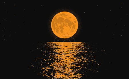 Orange full moon on the night sea.Vector illustration