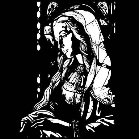 Ilustración de Virgen María, Nuestra Señora. Ilustración vectorial dibujada a mano. Silueta negra svg de Mary, corte por láser cnc. - Imagen libre de derechos