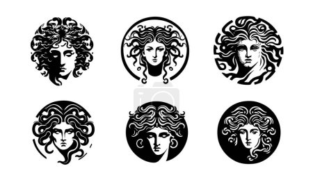 Ancienne Gorgone grecque Méduse, logo de la tête de femme. Illustration vectorielle du visage féminin. Silhouette svg, seulement noir et blanc.