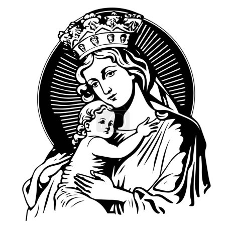 Illustration for Virgin Mary, Our Lady. Hand drawn vector illustration. Black silhouette svg of Mary, laser cutting cnc. - Royalty Free Image