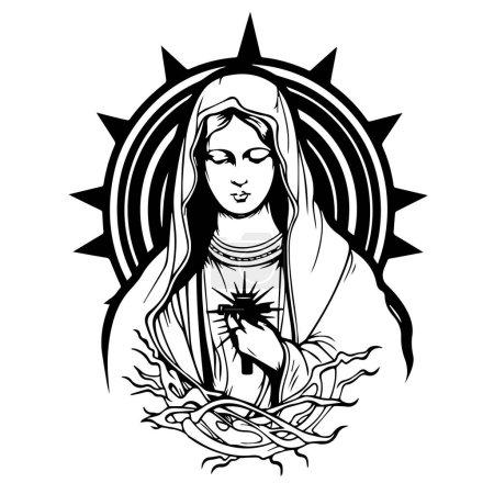Vierge Marie, Notre-Dame. Illustration vectorielle dessinée main. Silhouette noire svg de Mary, découpe laser cnc.