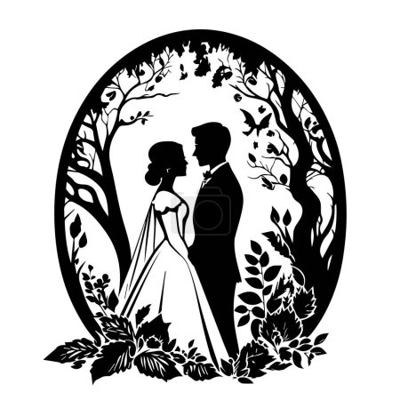 Ilustración de Boda, pareja joven de amantes, acaba de casarse plantilla de plantilla de vector negro para el corte cnc láser. - Imagen libre de derechos