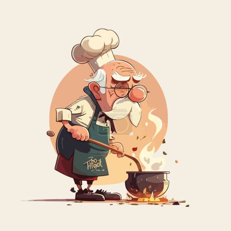 Illustration pour Chef de bande dessinée tenant une casserole d'aliments de cuisine - image libre de droit
