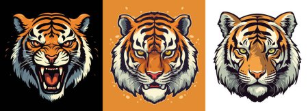 La cabeza de un tigre peligroso sobre un fondo naranja, blanco y negro