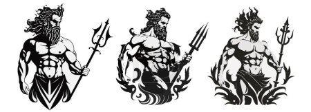 Silueta del griego, dios romano del agua, Poseidón, Neptuno, ilustración vectorial en blanco y negro