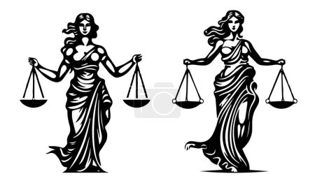 Illustration for Goddess of justice, Themis the courts, lawyers law and justice, black and white vector graphics, outline silhouette illustration pattern - Royalty Free Image