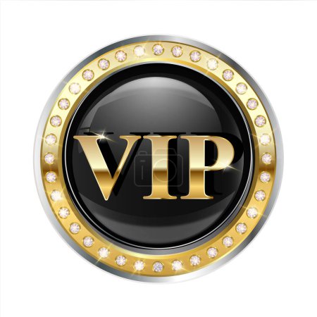 Ein luxuriöses VIP-Abzeichen mit glänzend schwarzer Mitte, goldenen Buchstaben, umgeben von einem goldenen Ring, der mit funkelnden Diamanten auf weißem Hintergrund besetzt ist.