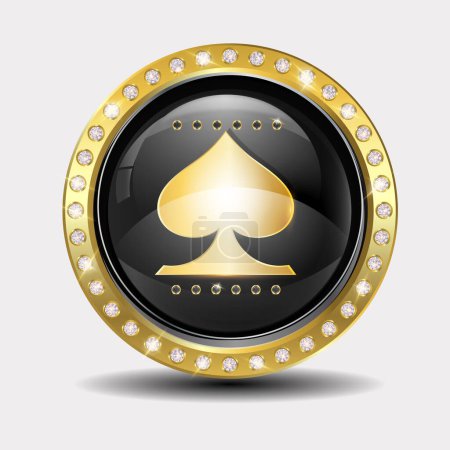 Ein luxuriöser Casino-Chip mit einem goldenen Pik-Symbol in der Mitte, umgeben von Diamanten am Goldrand.