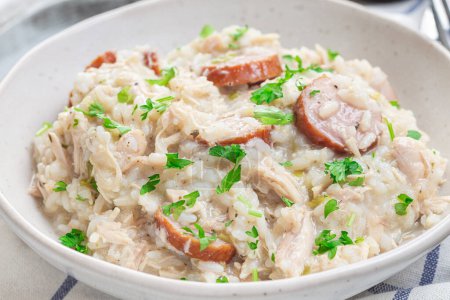 Traditional South Carolina chicken bog dish with smocked sausages, in a bowl, horizontal closeup