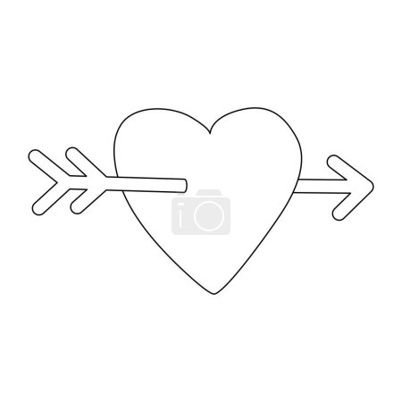 Ilustración de Heart with arrow love symbol, Valentines Day design element, flat vector outline illustration for kids coloring book - Imagen libre de derechos