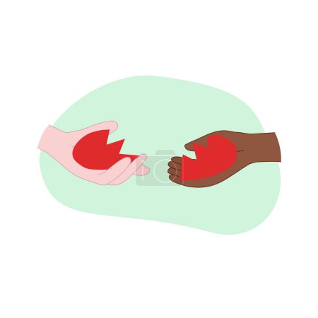 Ilustración de Corazón roto rojo en dos manos de tipo de piel diferentes, concepto de reconciliación, ilustración vectorial estilo garabato - Imagen libre de derechos