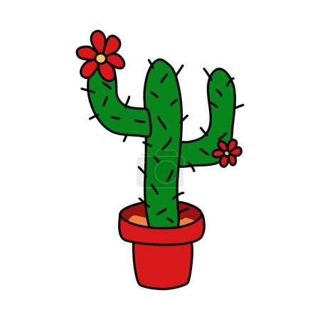 Ilustración de Cactus Saguaro o Carnegiea con flores en maceta, ilustración vectorial de garabatos planos - Imagen libre de derechos