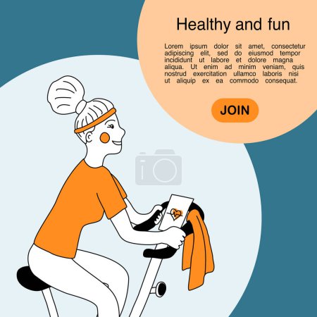 Illustration for Active girl rides at exercise stationery bike. Young woman on bicycle doing spinning sport activities or fitness class, healthy lifestyle concept, place for text, doodle style vector illustration - Royalty Free Image